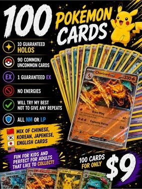 Pokemon Yellow & Orange Accent Trading Card Lot - 100 Cards-10 holos